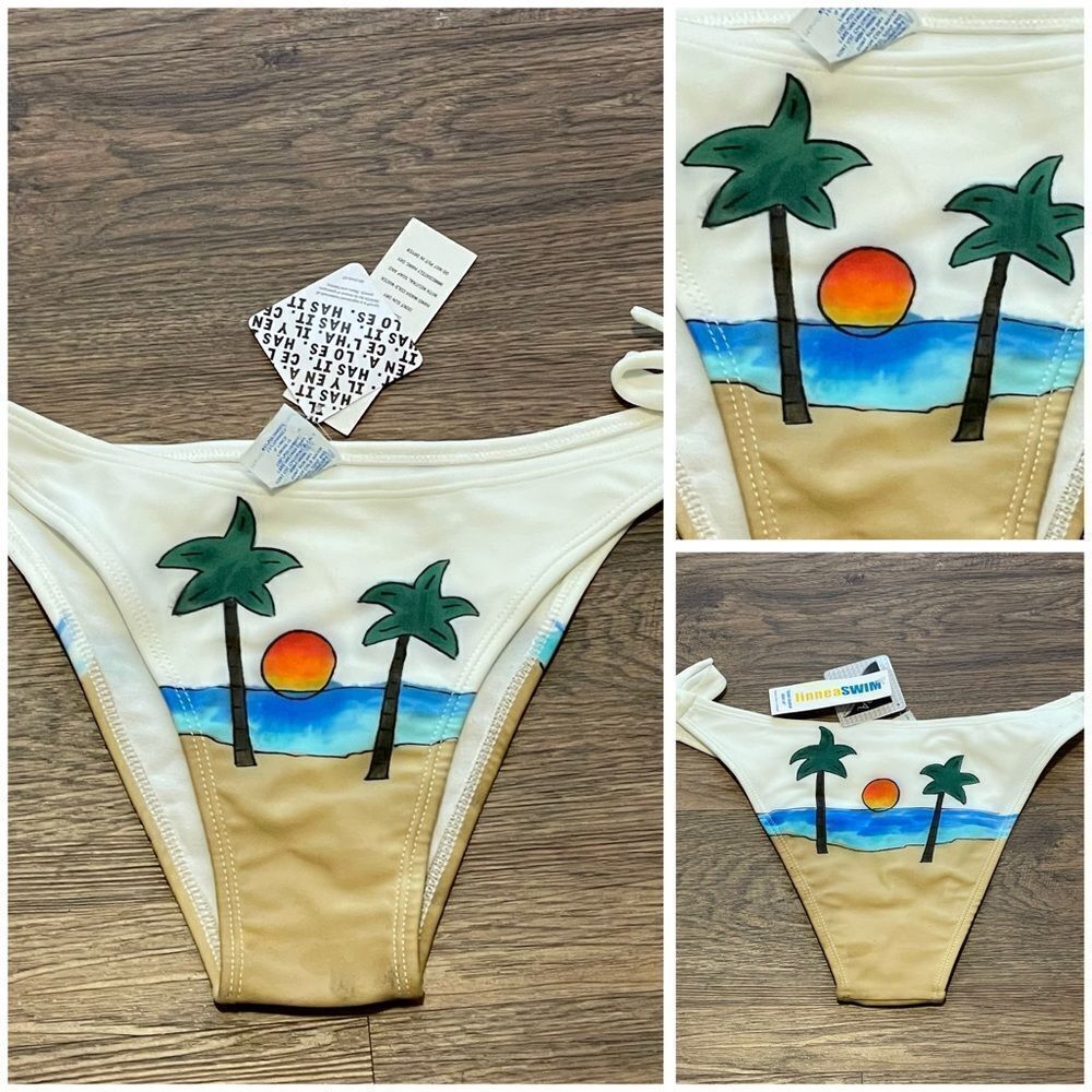 NWT Linnea Hand Painted Bikini Bottom Made In Brazil Palm Tree White Tan Blue L
